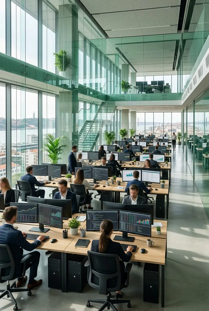 Escritório empresarial europeu com computadores profissionais em utilização