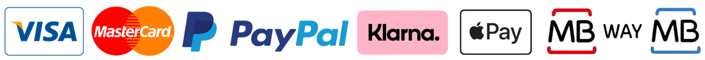 Formas de pagamento: Visa, Mastercard, PayPal, Klarna, Apple Pay, MB WAY, Multibanco